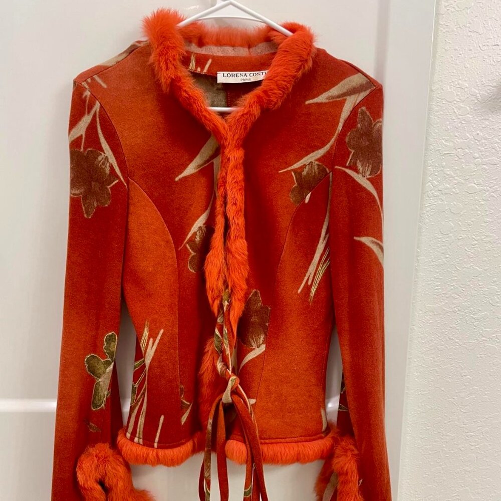 Vintage Lorena Conti Paris Orange Wool Fur Trim Jacket XS Made in France